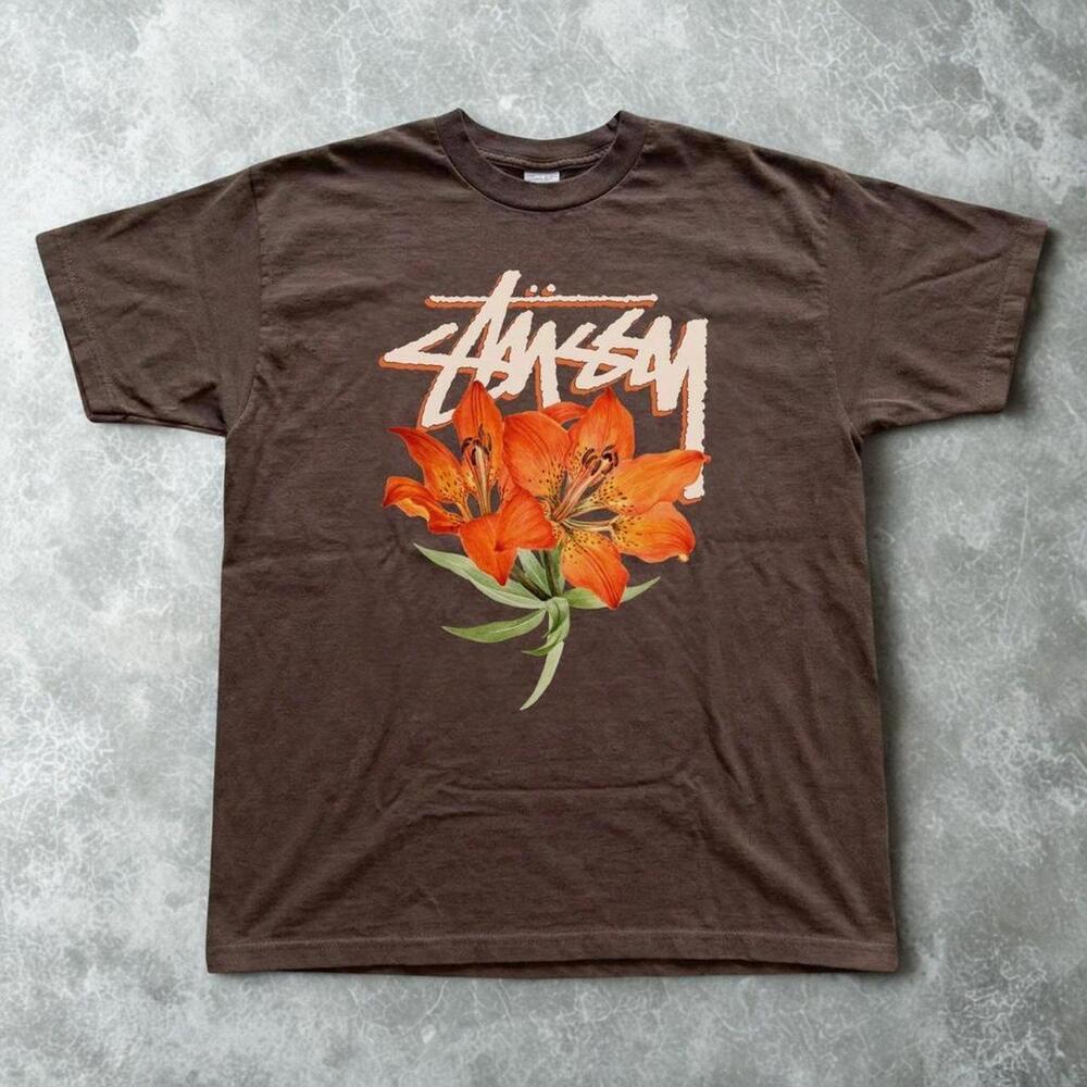 Stussy Brown Graphic Tee With Orange Flower